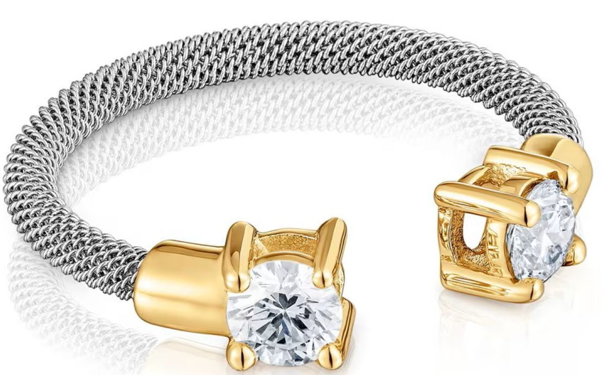 Anillo abierto de acero, oro 14 kt y diamantes creados en laboratorio TOUS Mesh LGD