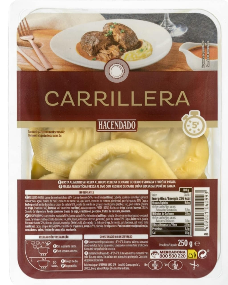 Pasta fresca girasoles carrilera y puré de patata Hacendado