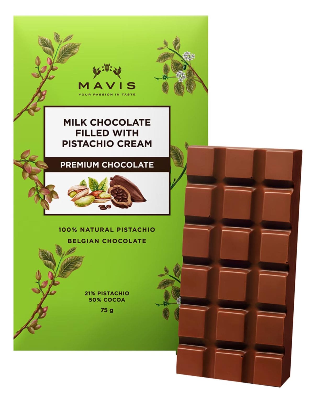Tableta de chocolate Premium con leche rellena de crema de pistacho, Mavis