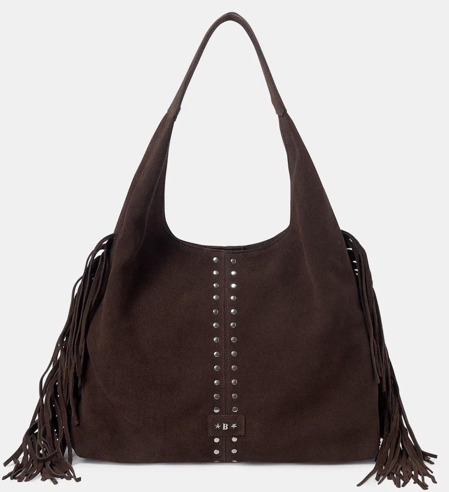 Bolso de hombro de piel con tachas y flecos, Brownie
