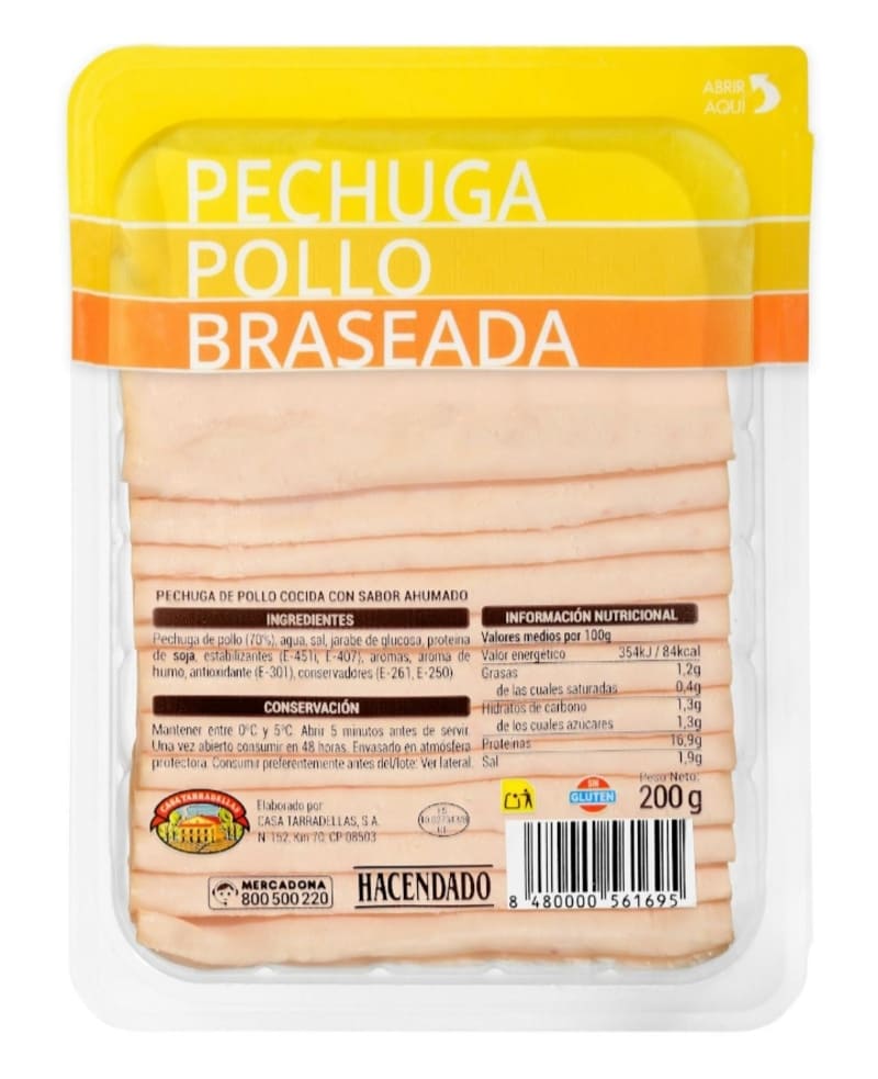 Pechuga de pollo braseada Hacendado finas lonchas