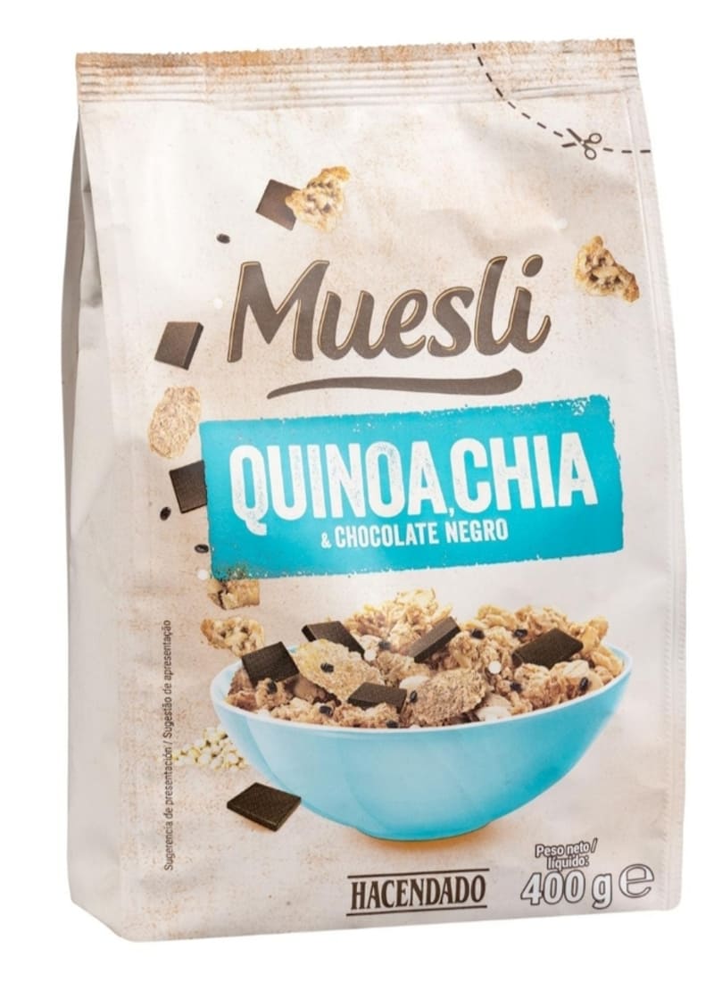 Muesli Hacendado con quinoa, chía y chocolate negro