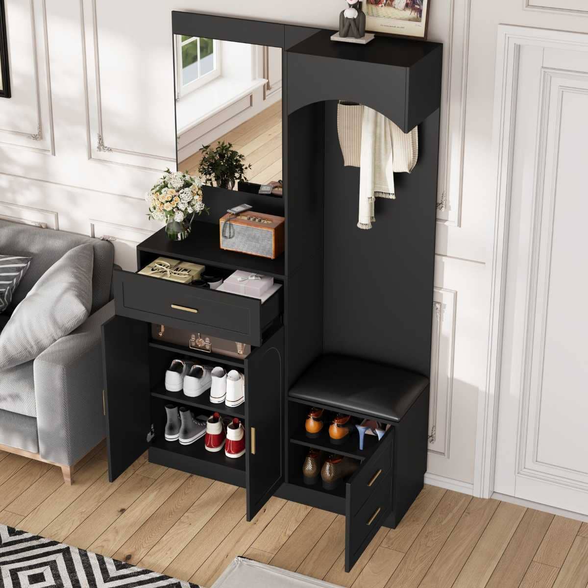 Conjunto zapatero con espejo y banco en Leroy Merlin