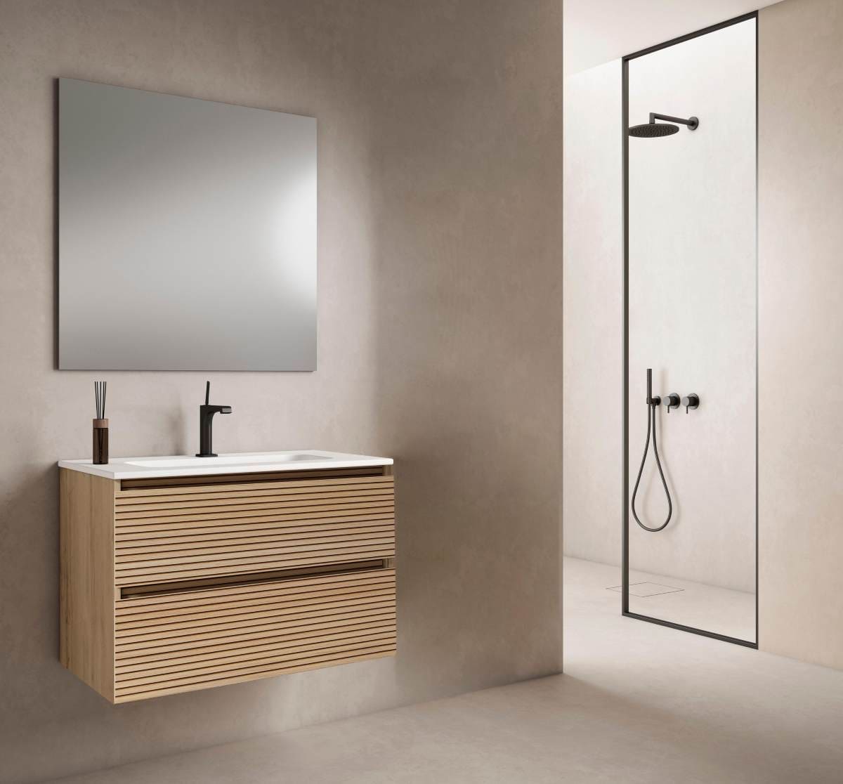 Mueble de baño con lavabo y espejo Aruba roble mate en Leroy Merlin 1