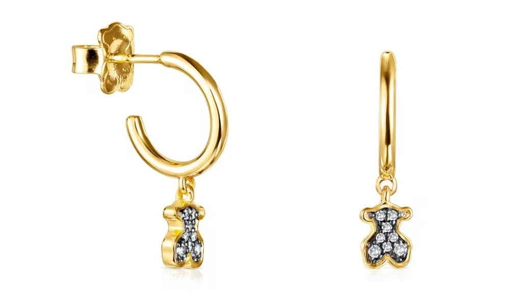 Pendientes aro cortos oso con baño de oro 18 kt sobre plata y diamantes Nocturne de TOUS