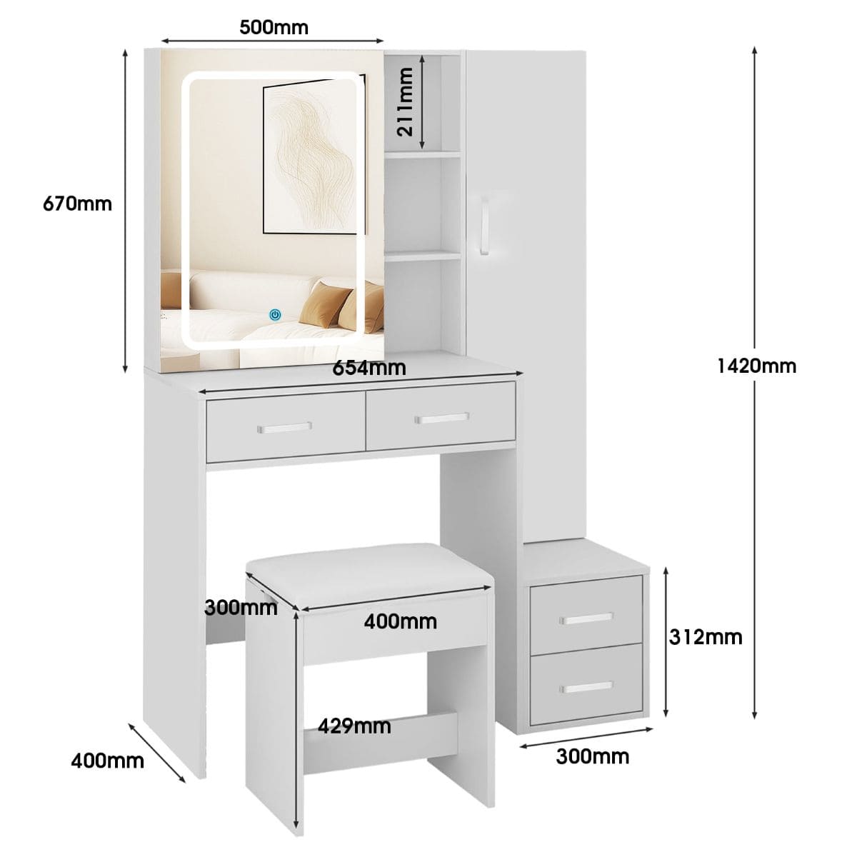 Tocador blanco con espejo LED tricolor deslizante en Leroy Merlin