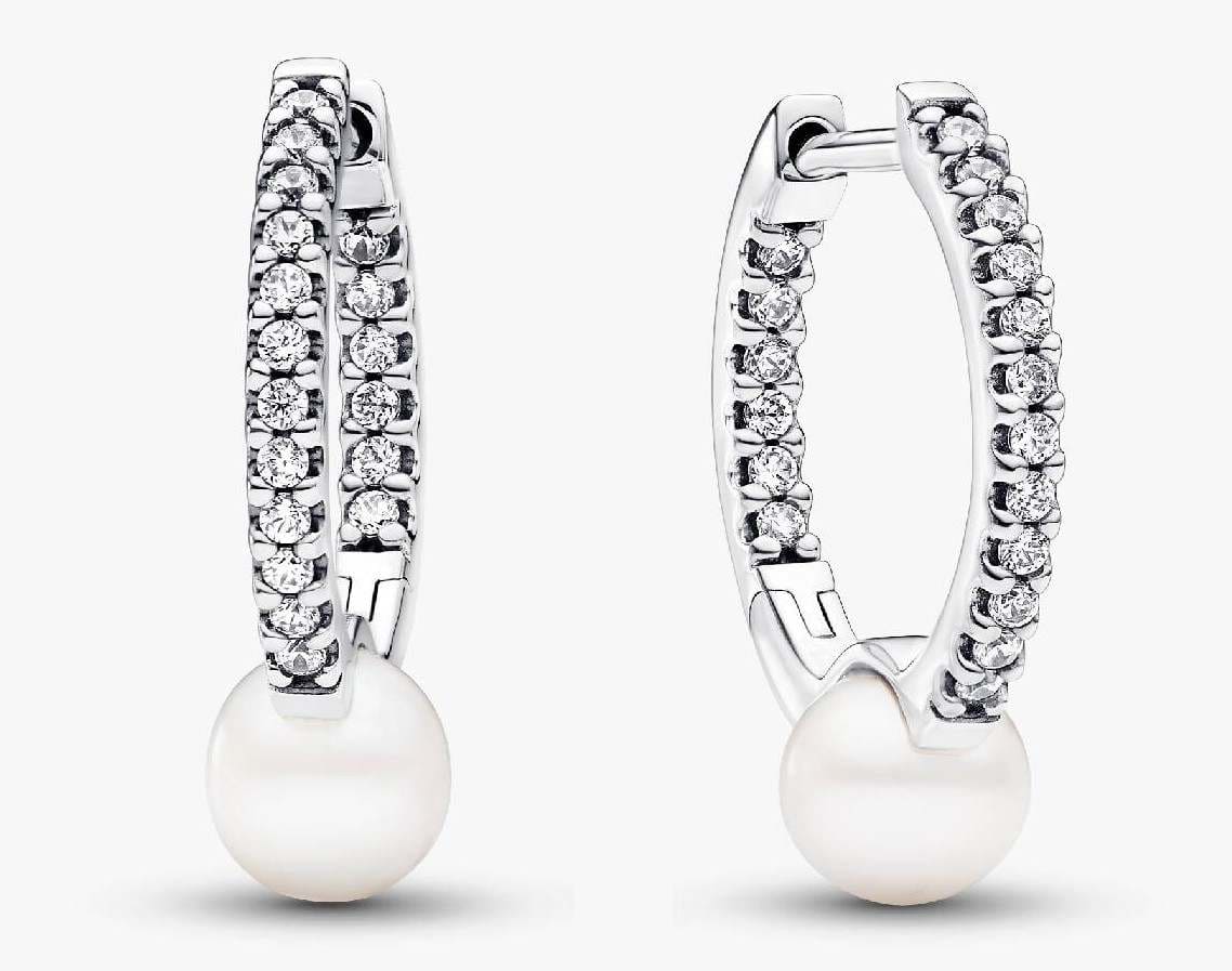 Pendientes de aro perla cultivada de agua dulce tratada y pavé de Pandora