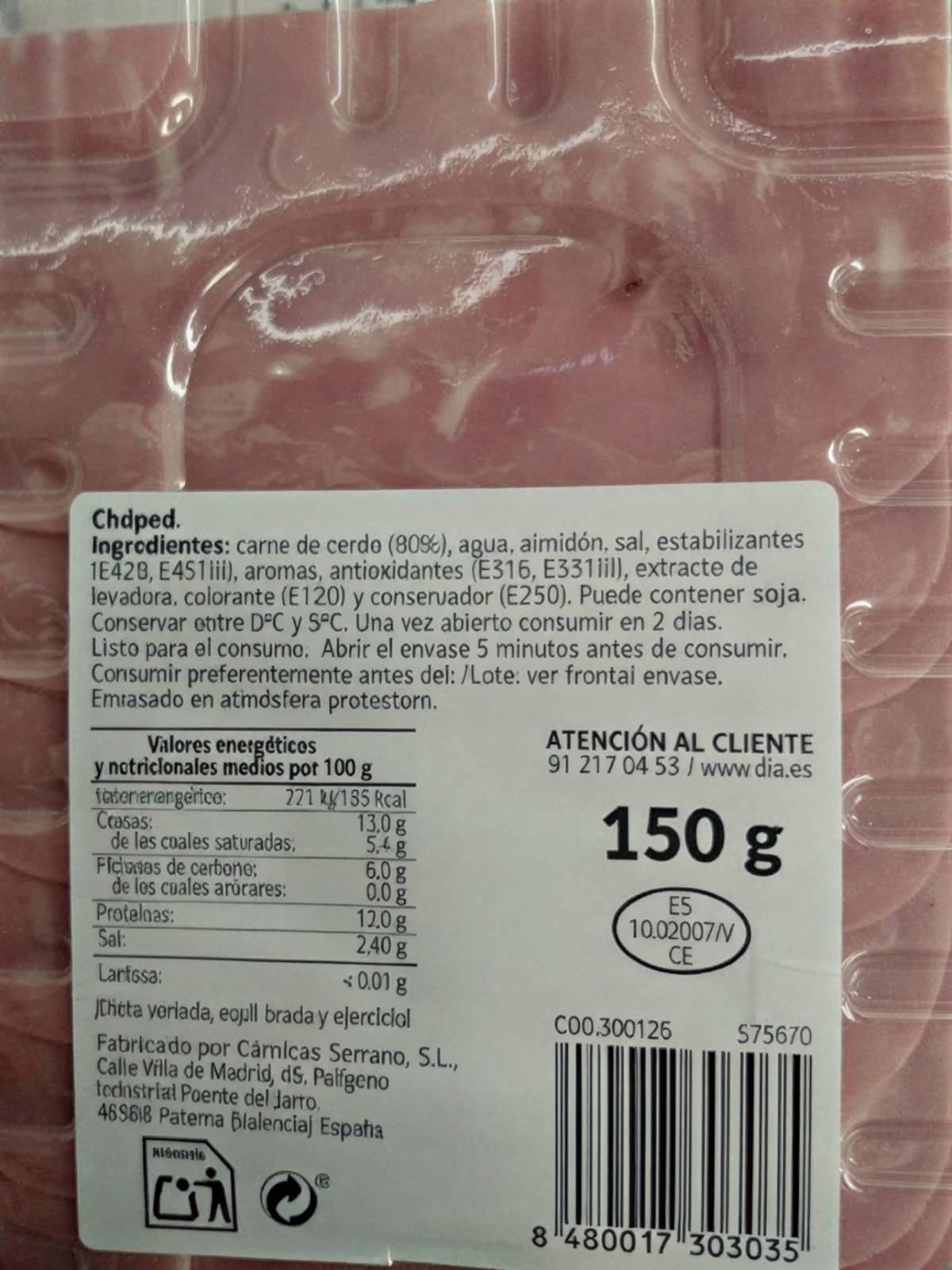 Dorso del envase de chóped lata finas hiervas de supermercados DIA
