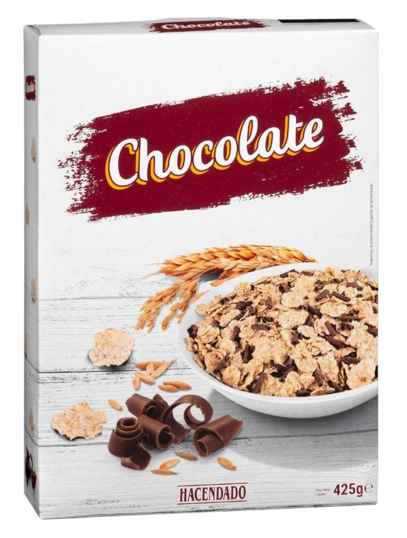 Cereales copos tostados de trigo integral y arroz Hacendado con chocolate