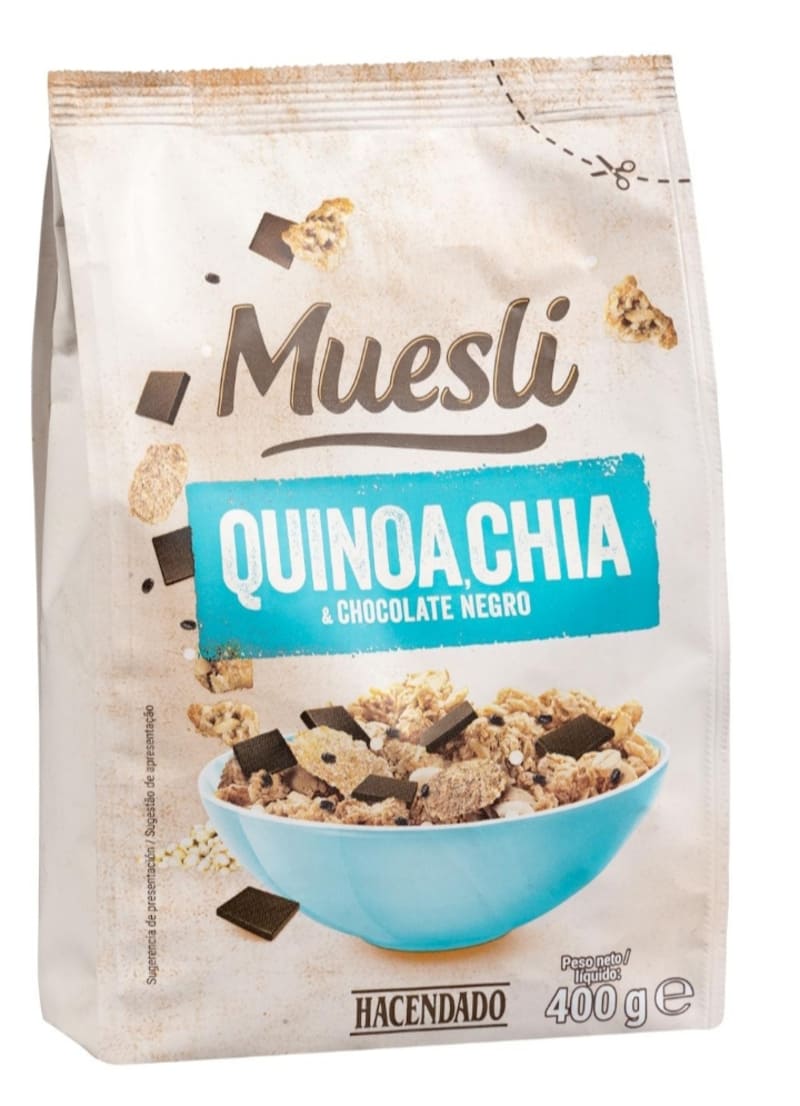 Muesli Hacendado con quinoa, chía y chocolate negro