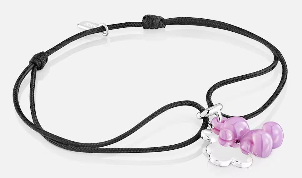 Pulsera Bold Bear doble oso de plata con cerámica lila y nylon negro