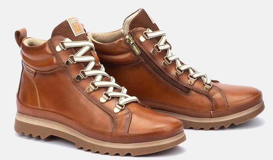 Botines planos de piel caña baja con cierre de cordones y cremallera, Pikolinos