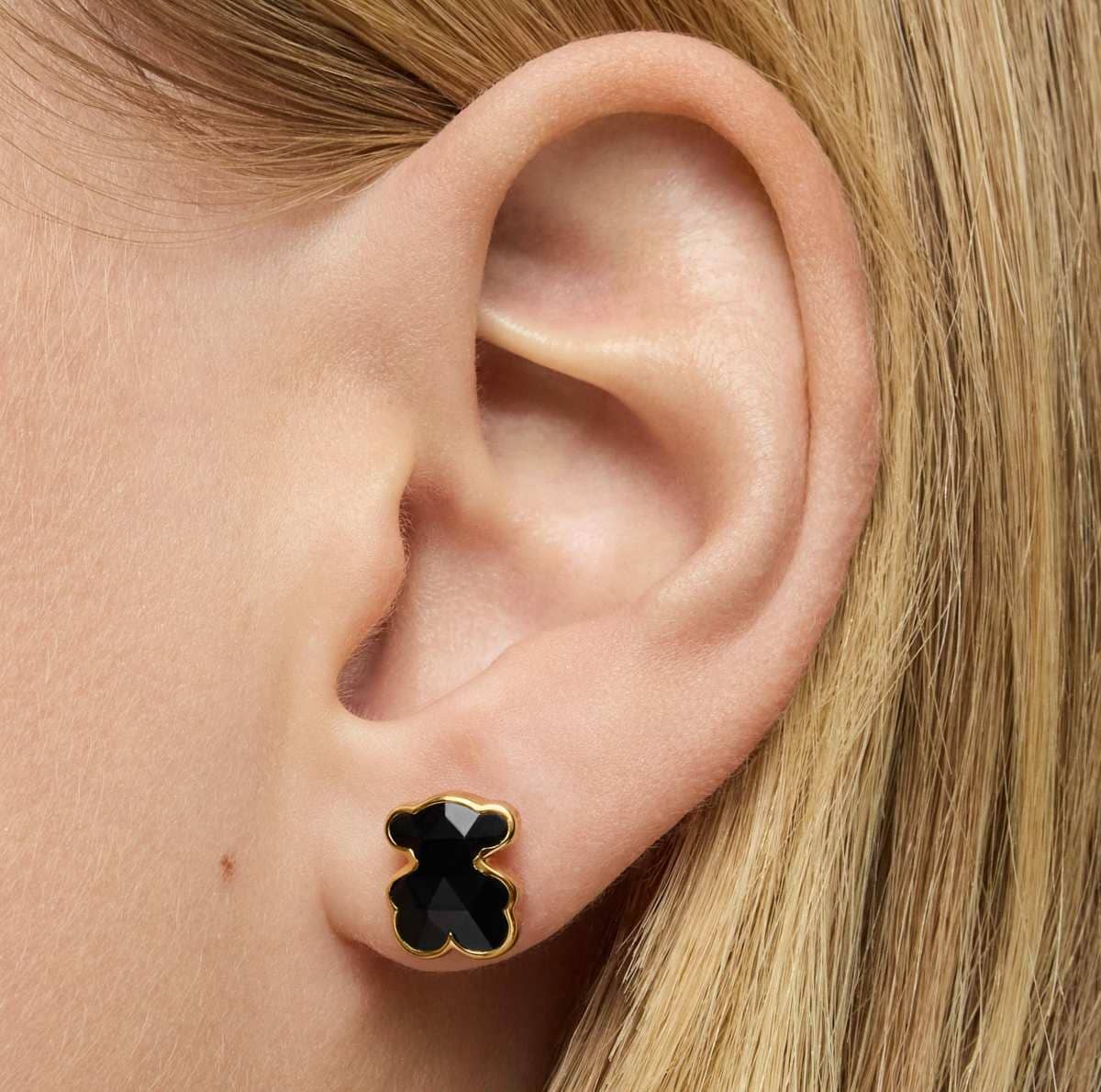 Pendientes oso con baño de oro 18 kt sobre plata y ónix 10 mm Icon Color