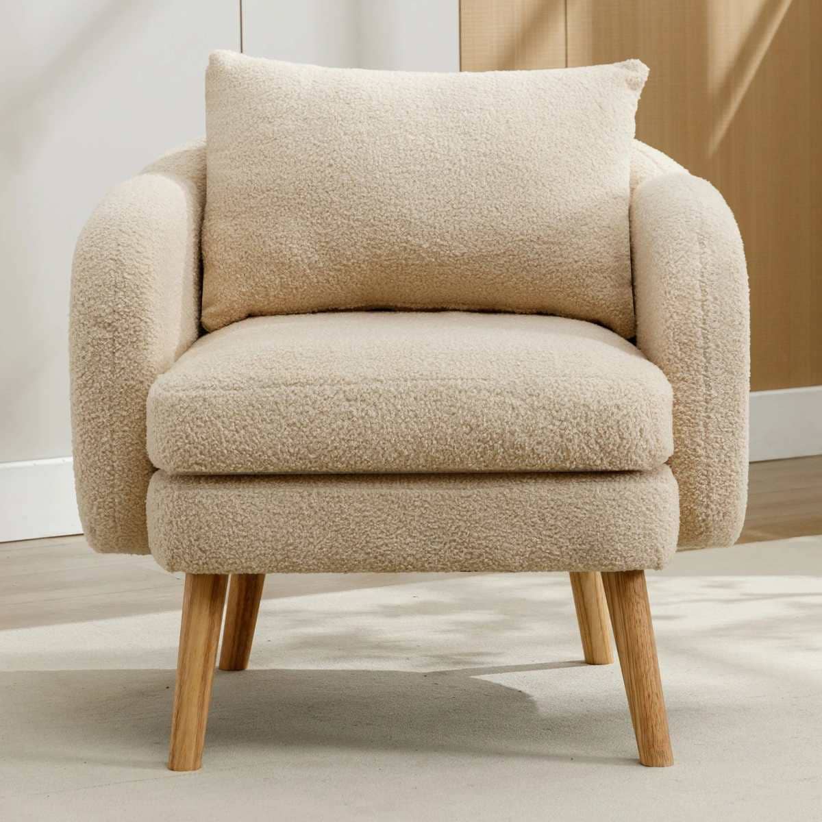 Sillón de tejido de rizo francés con cojín grueso patas de madera maciza en Leroy Merlin