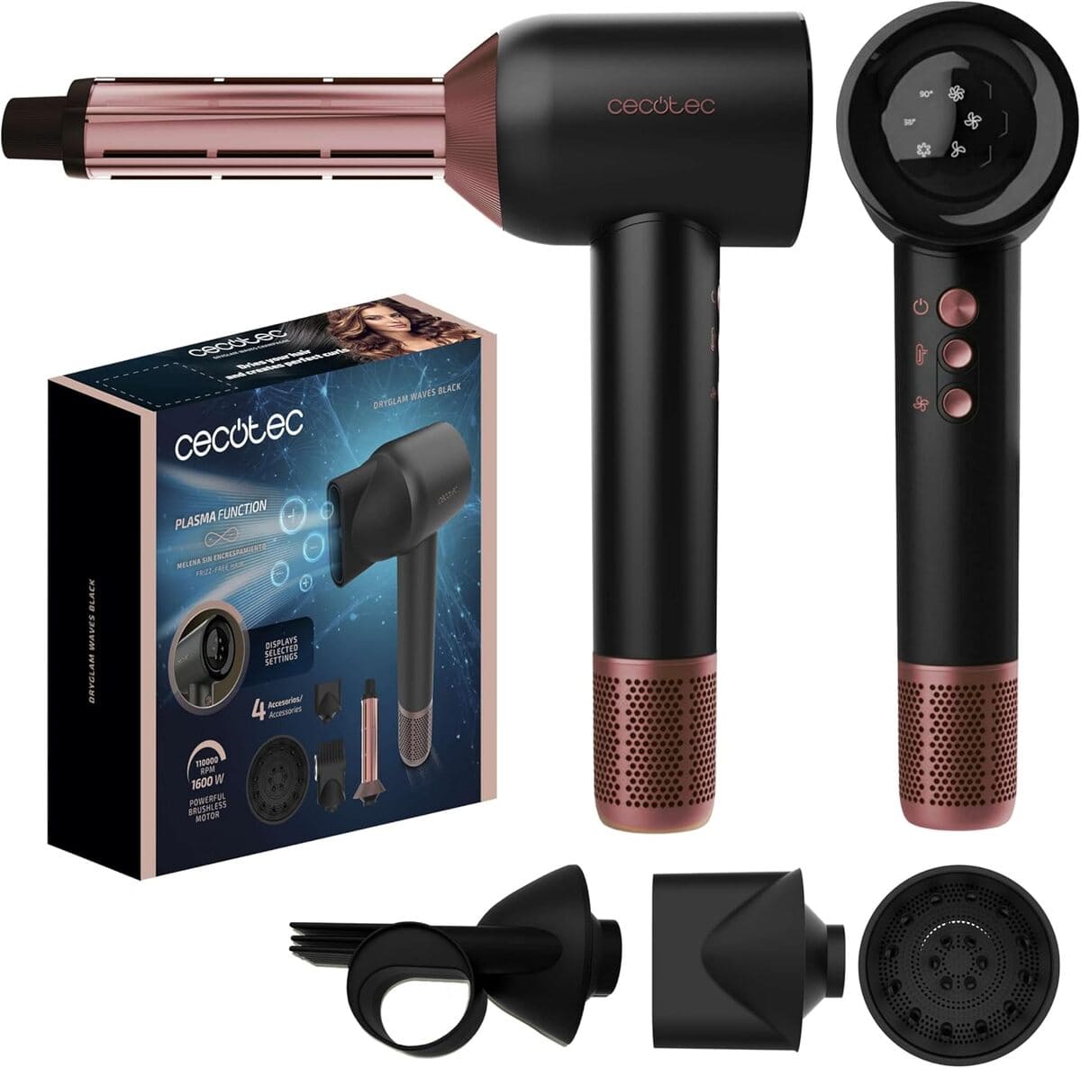 Secador de pelo con tecnología de plasma DryGlam Waves Black, Cecotec