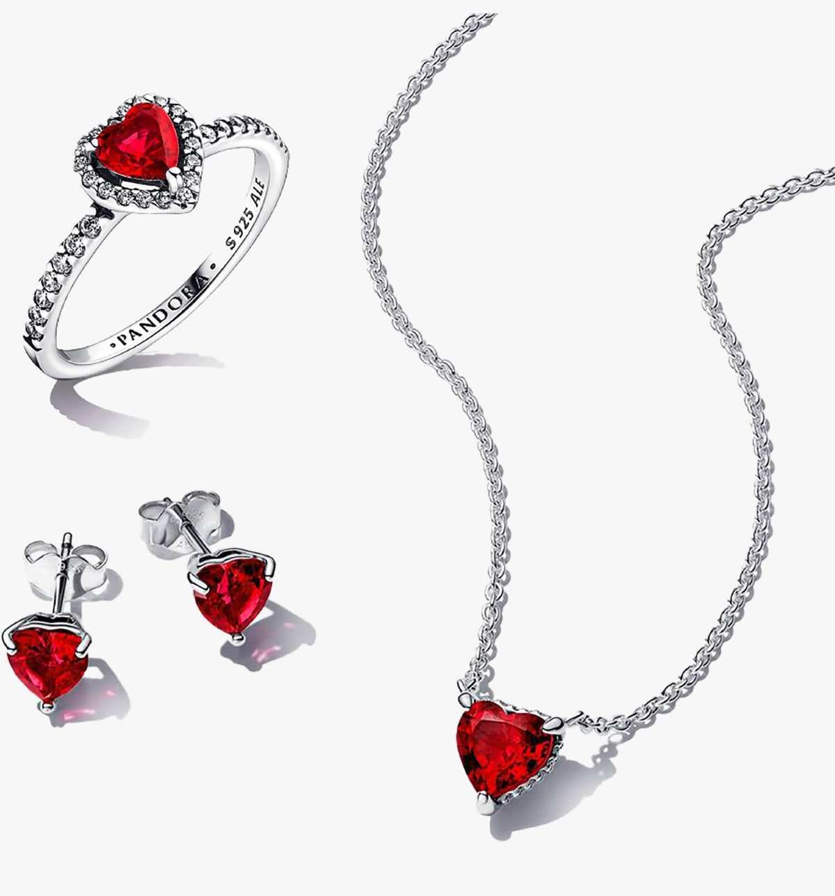 Conjunto de Regalo Collar, Pendientes y Anillo Corazón Rojo de Pandora