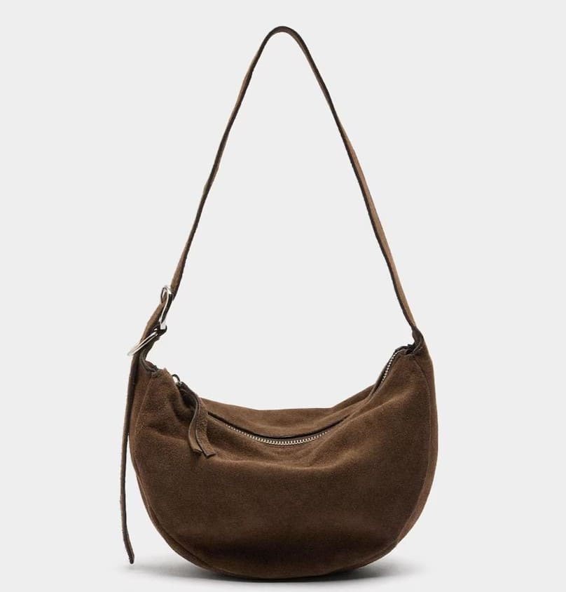 Bandolera de piel estilo hobo con cierre de cremallera en liso