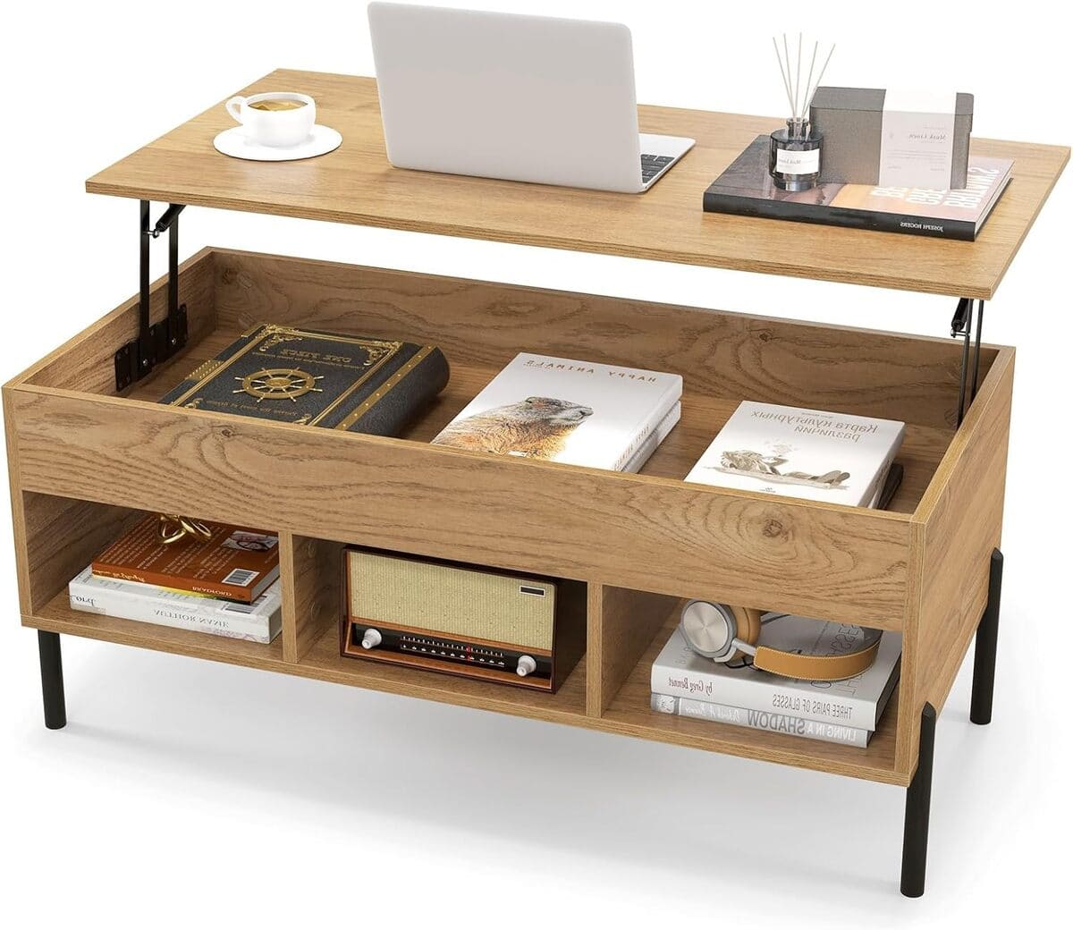 Mesa de centro con tablero elevable y 3 compartimentos, LIFEZEAL