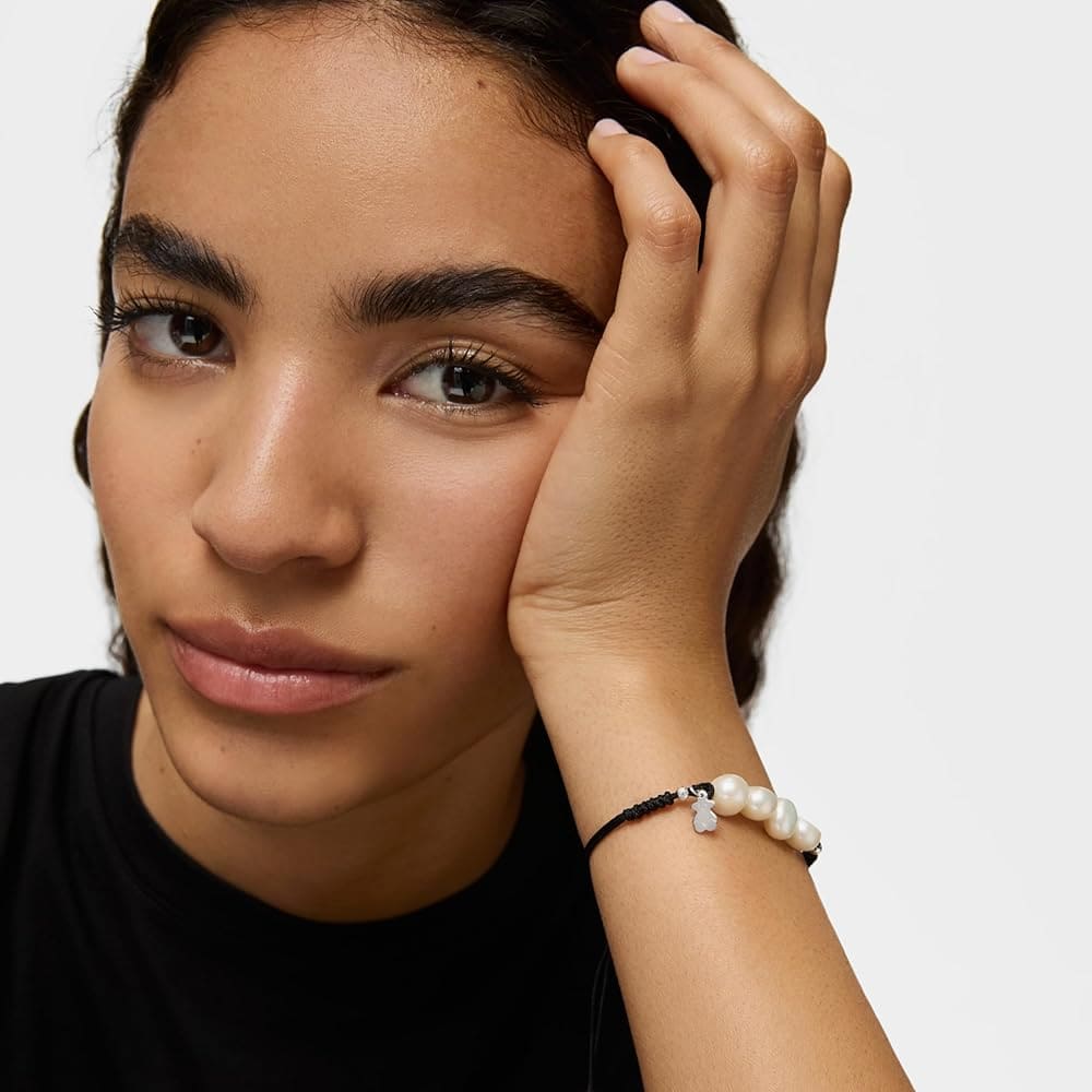Pulsera de cuerda y perlas con motivo oso