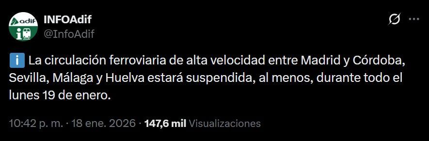 Mensaje de ADIF en redes sociales