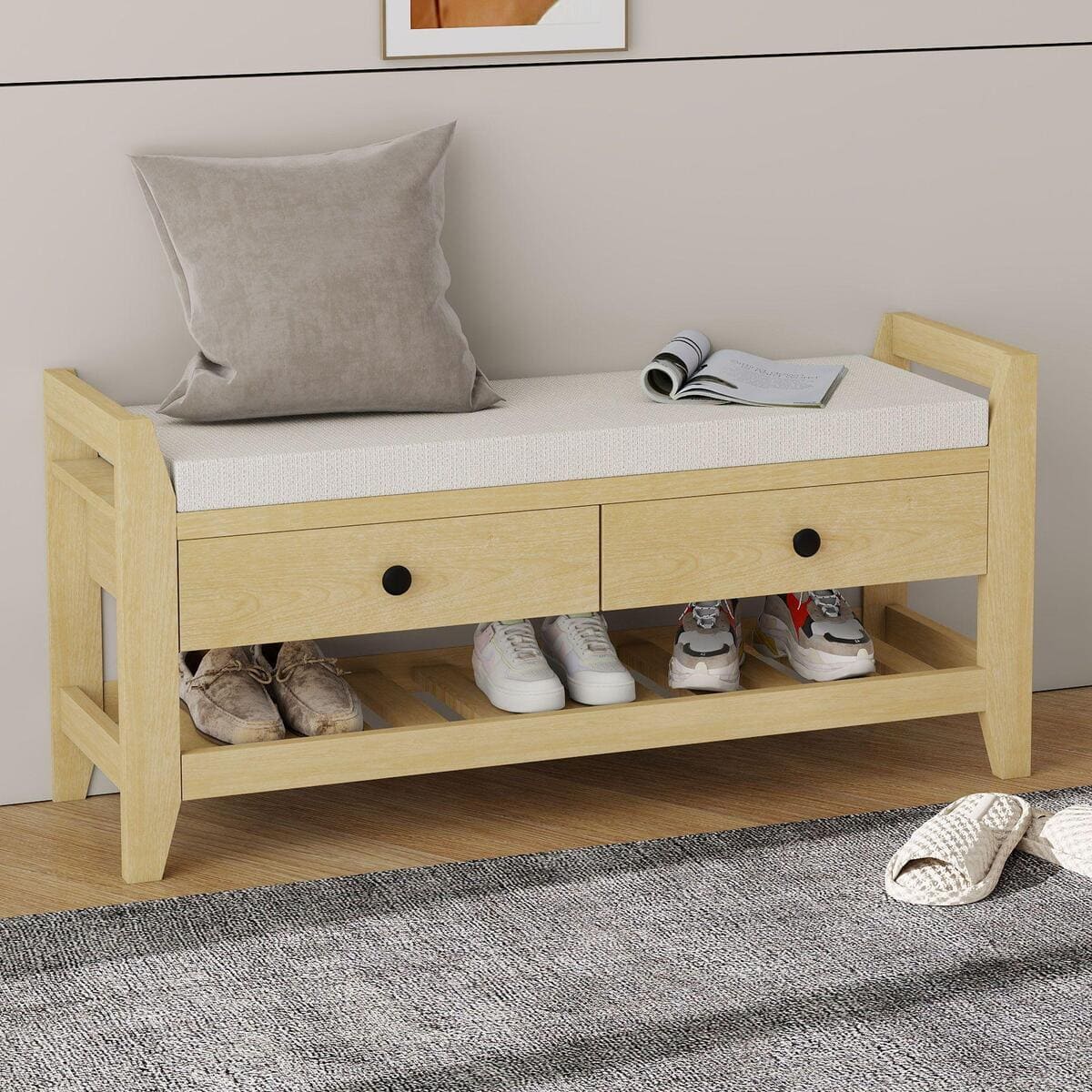 Banco zapatero moderno con asiento y 2 cajones