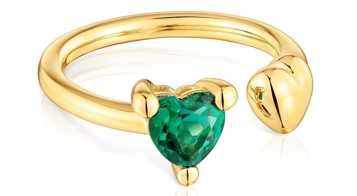 Anillo abierto con baño de oro 18 kt sobre plata y esmeralda creada en laboratorio Garden Of Love LGG