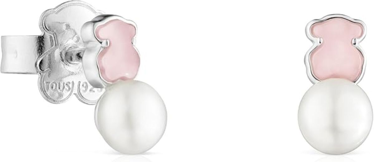 Pendientes de plata de primera ley con cierre a presión y motivo en cuarcita y perla Tous de Amazon