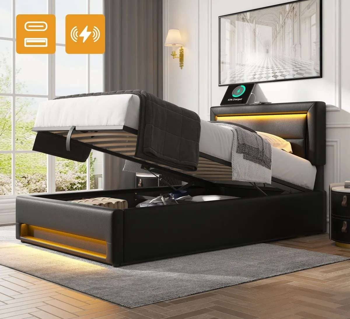 Cama contenedor de piel sintética de 90x190 cm con LED de Leroy Merlin