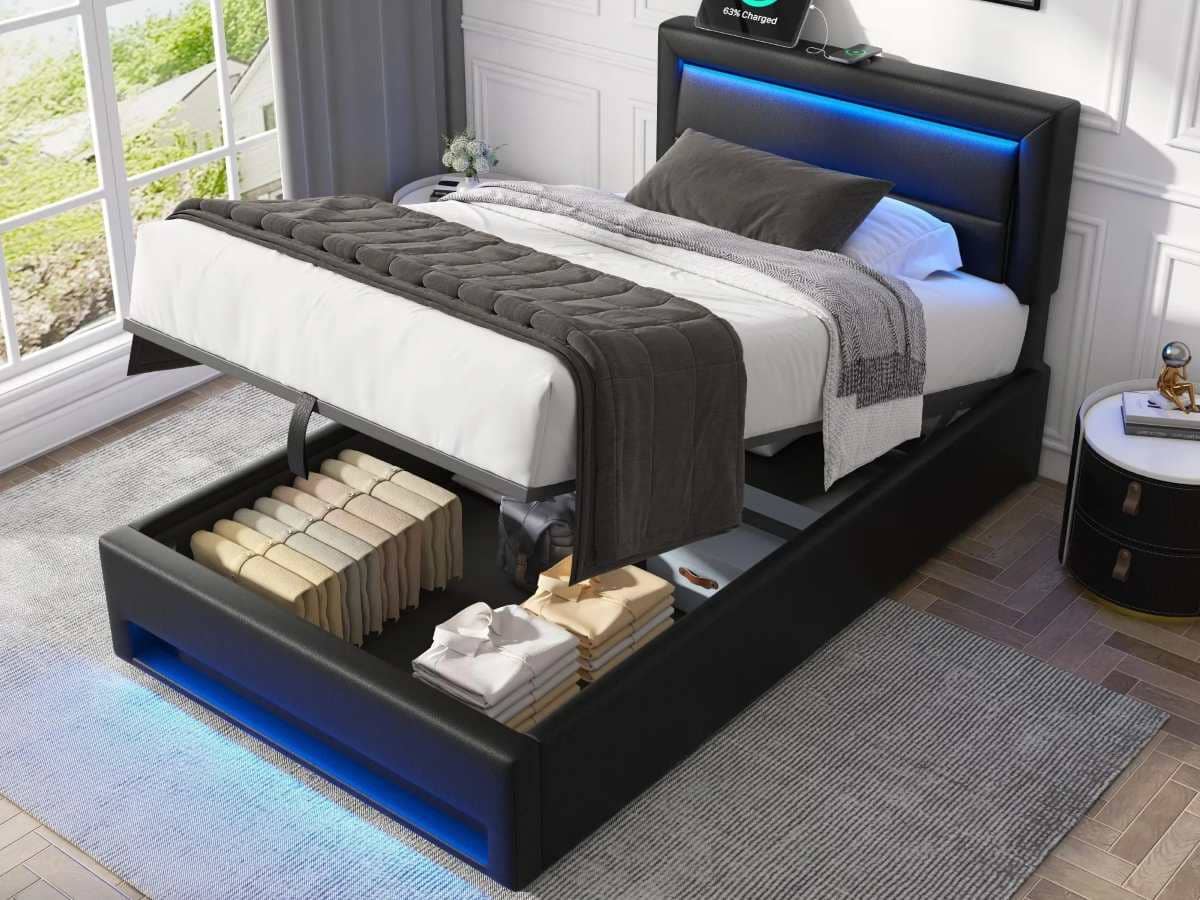 Cama contenedor de piel sintética de 90x190 cm con LED de Leroy Merlin