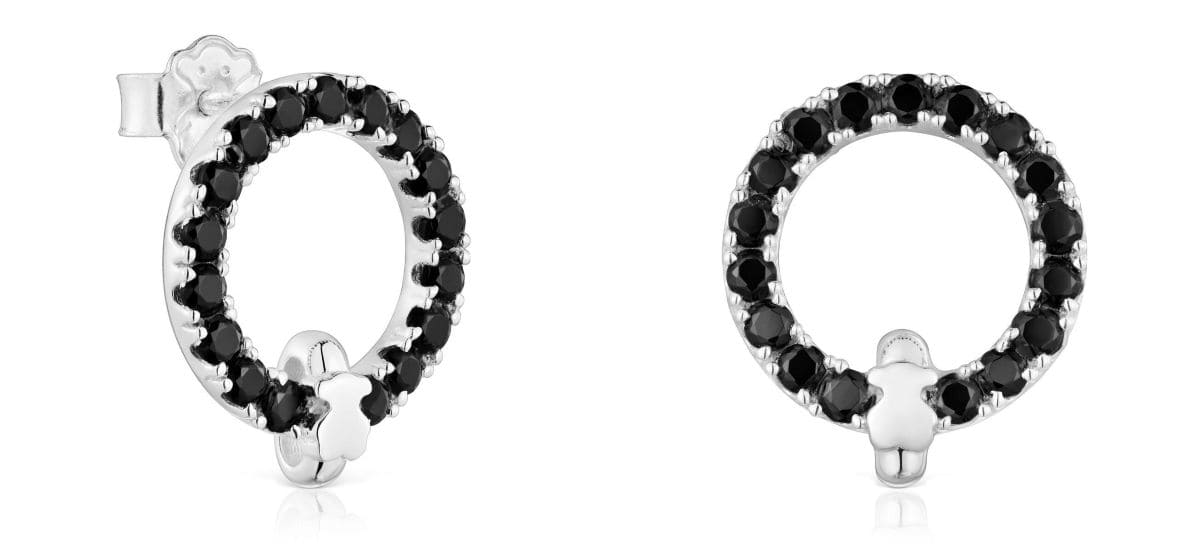 Pendientes círculo de plata y espinela negra Straight de TOUS