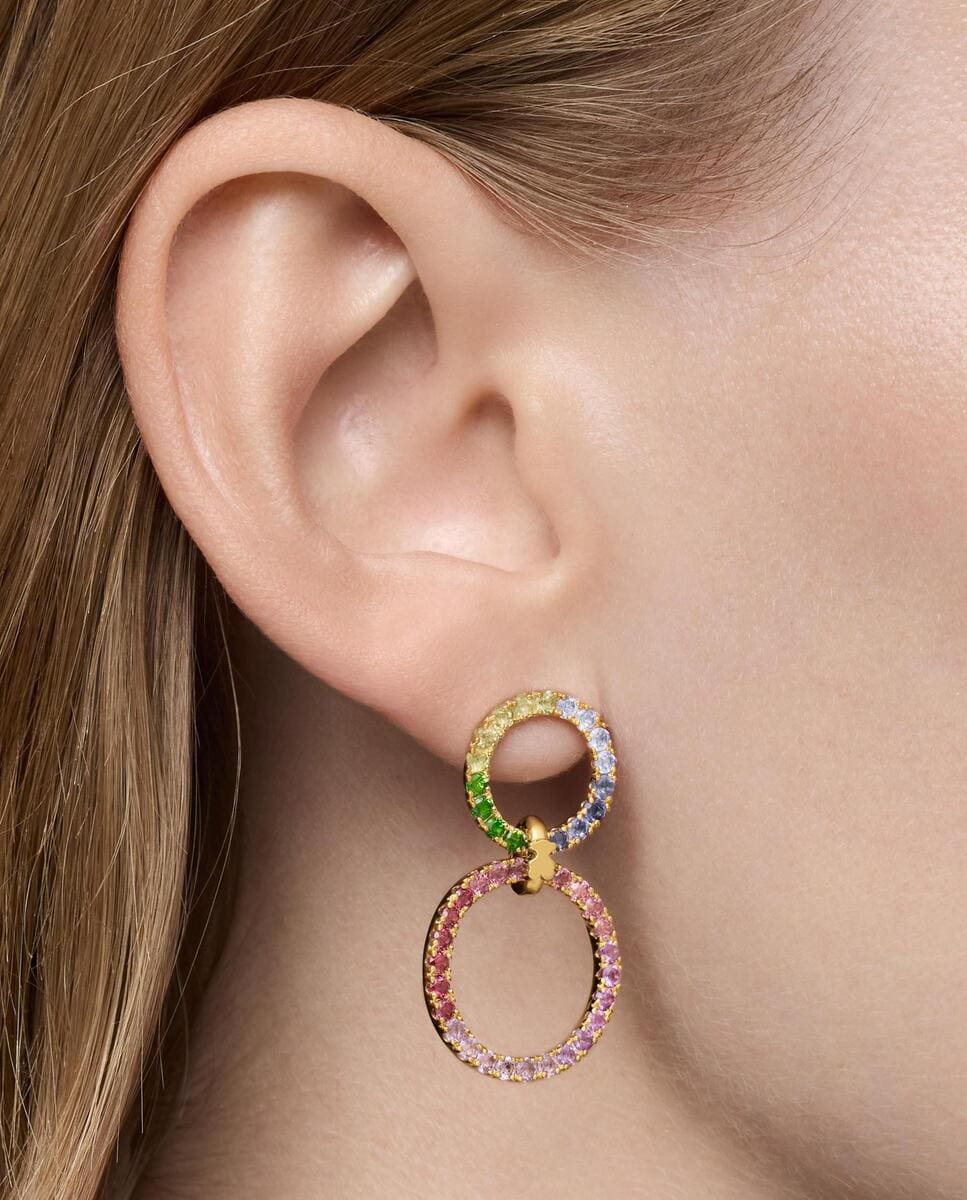 Pendientes Straight círculo doble bañados en oro 18 kt sobre plata con gemas