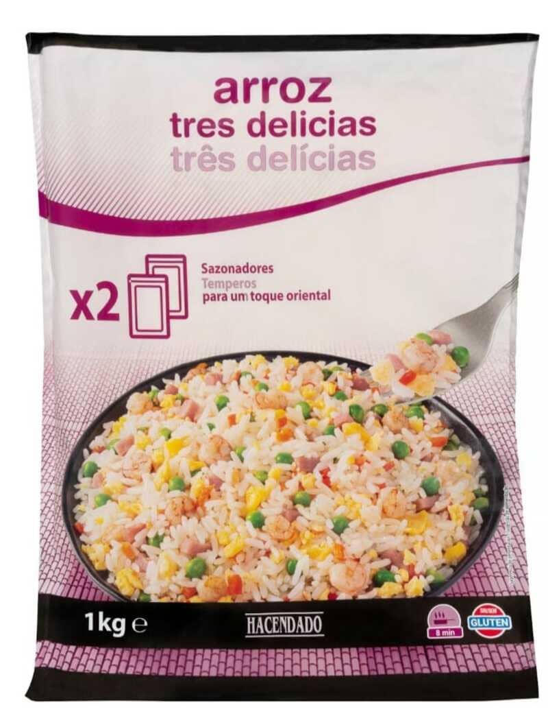 Arroz tres delicias Hacendado ultracongelado con 2 sazonadores