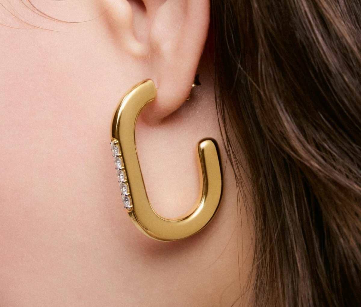 Pendientes de aro con baño de oro 18 kt sobre plata y diamantes creados en laboratorio 35 mm Line LGD de TOUS