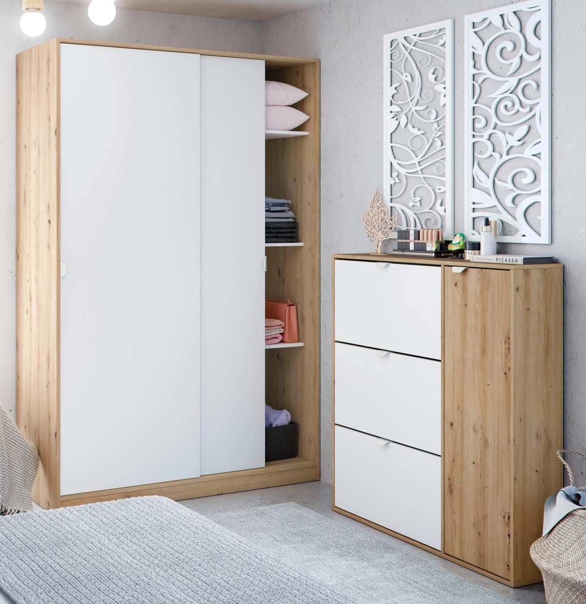 Zapatero Garona con 4 compartimentos para 30 pares en melamina color blanco y roble en Leroy Merlin