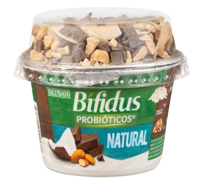 Bífidus natural probióticos Hacendado con coco, almendras y chocolate
