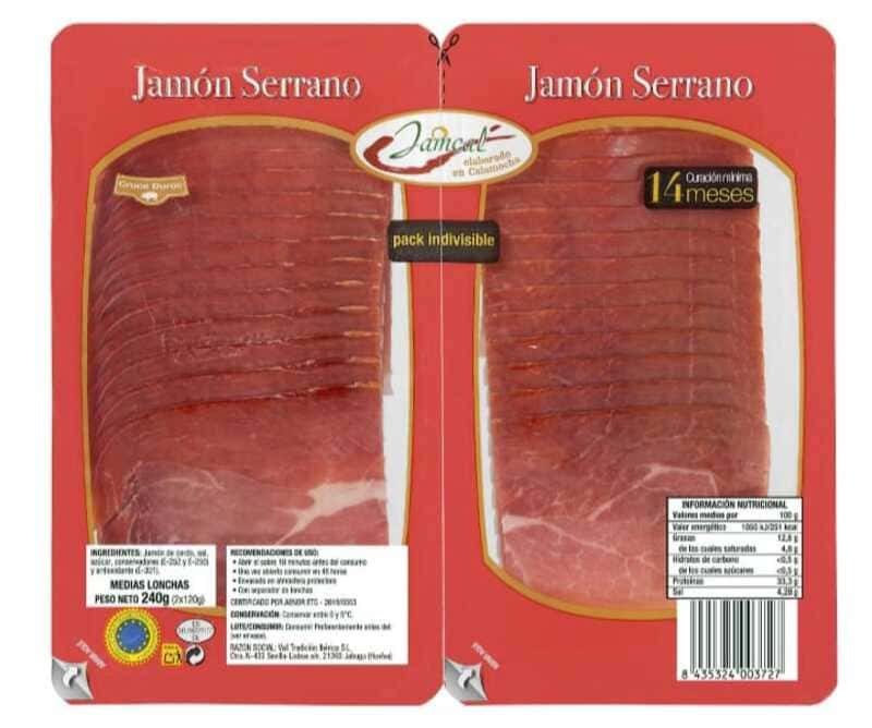 Jamón serrano medias lonchas, Jamcal