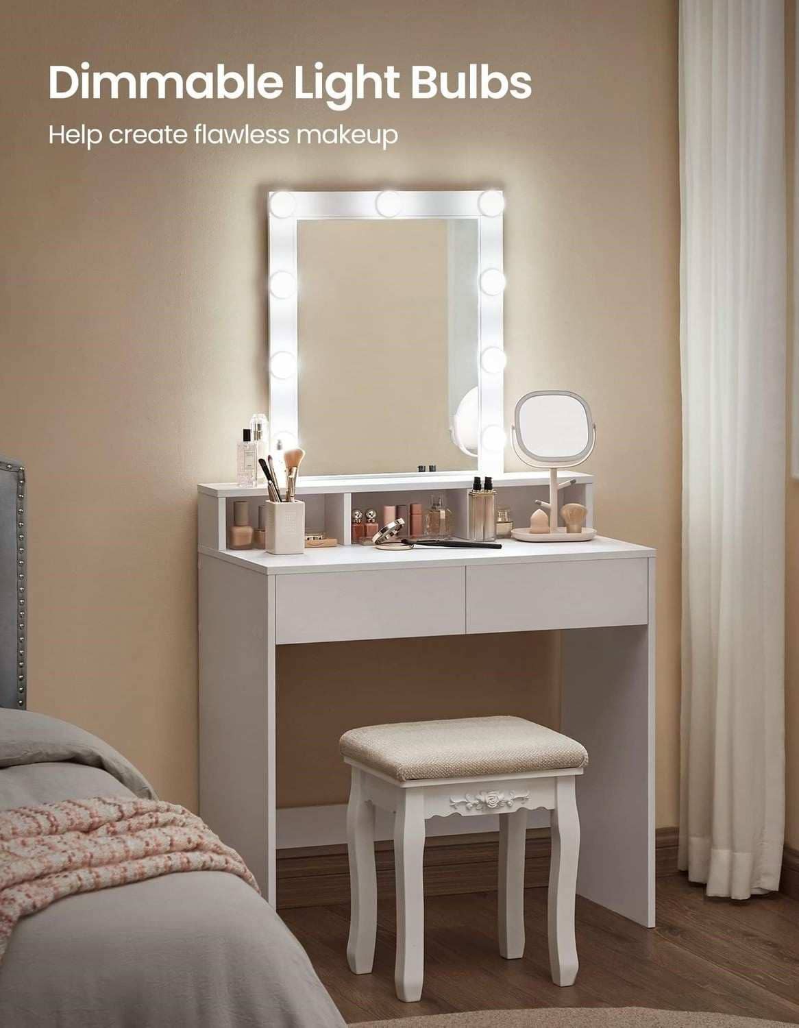 Tocador Moderno Blanco Con Espejo Iluminado Led Ajustable