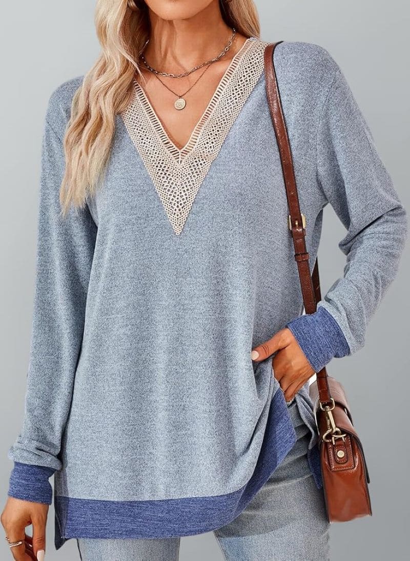 Camiseta manga larga y cuello en V, SHEYOW