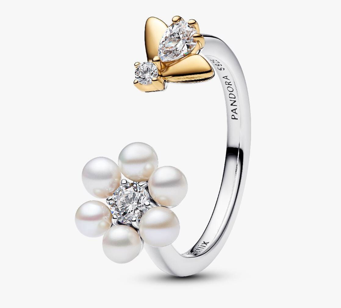 Anillo Abierto Abeja y Flor Perla Cultivada de Agua Dulce Tratada de Los Bridgerton de Netflix de Pandora