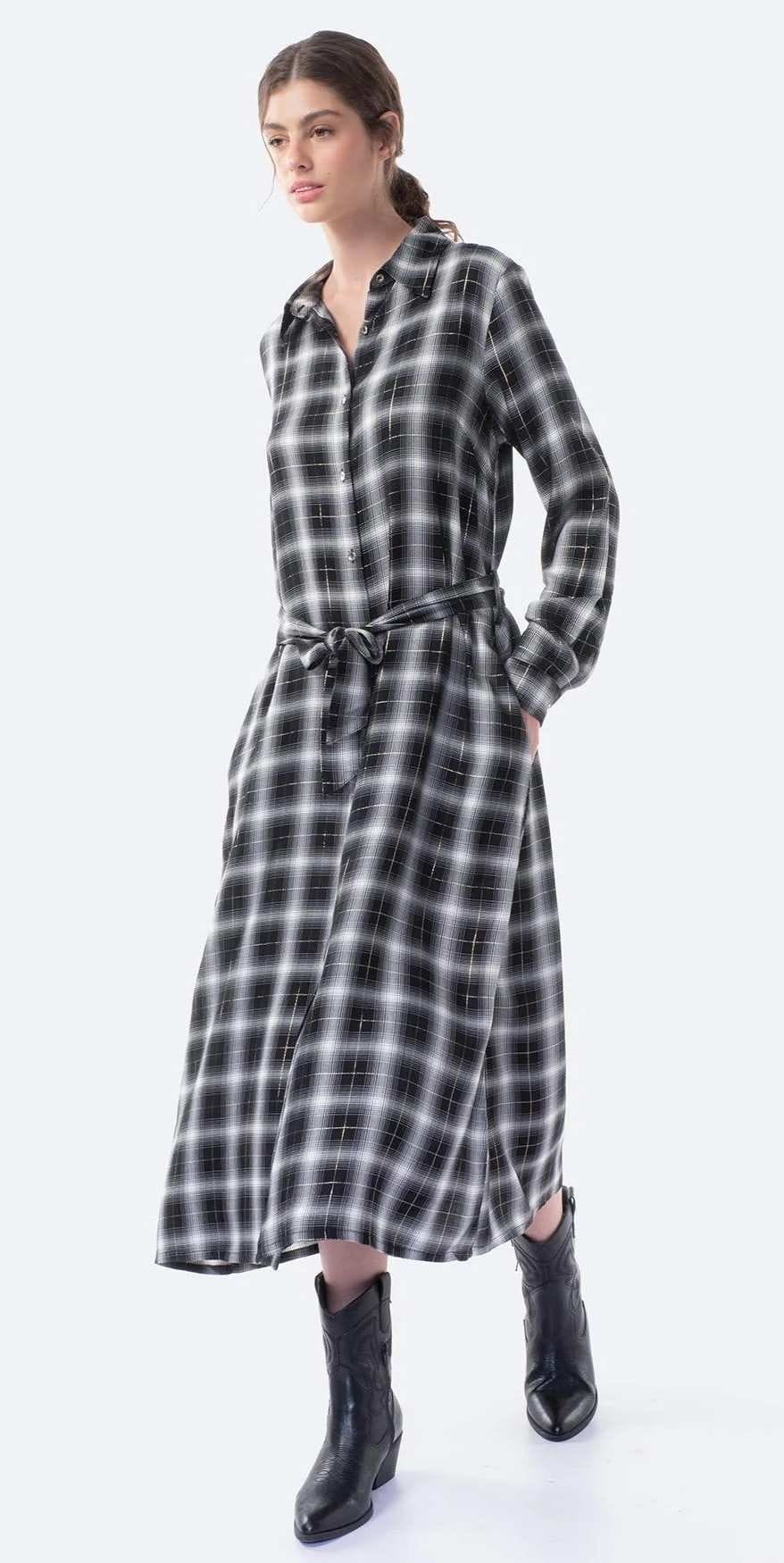 Vestido camisero largo de cuadros con manga de Mujer TEX de Carrefour