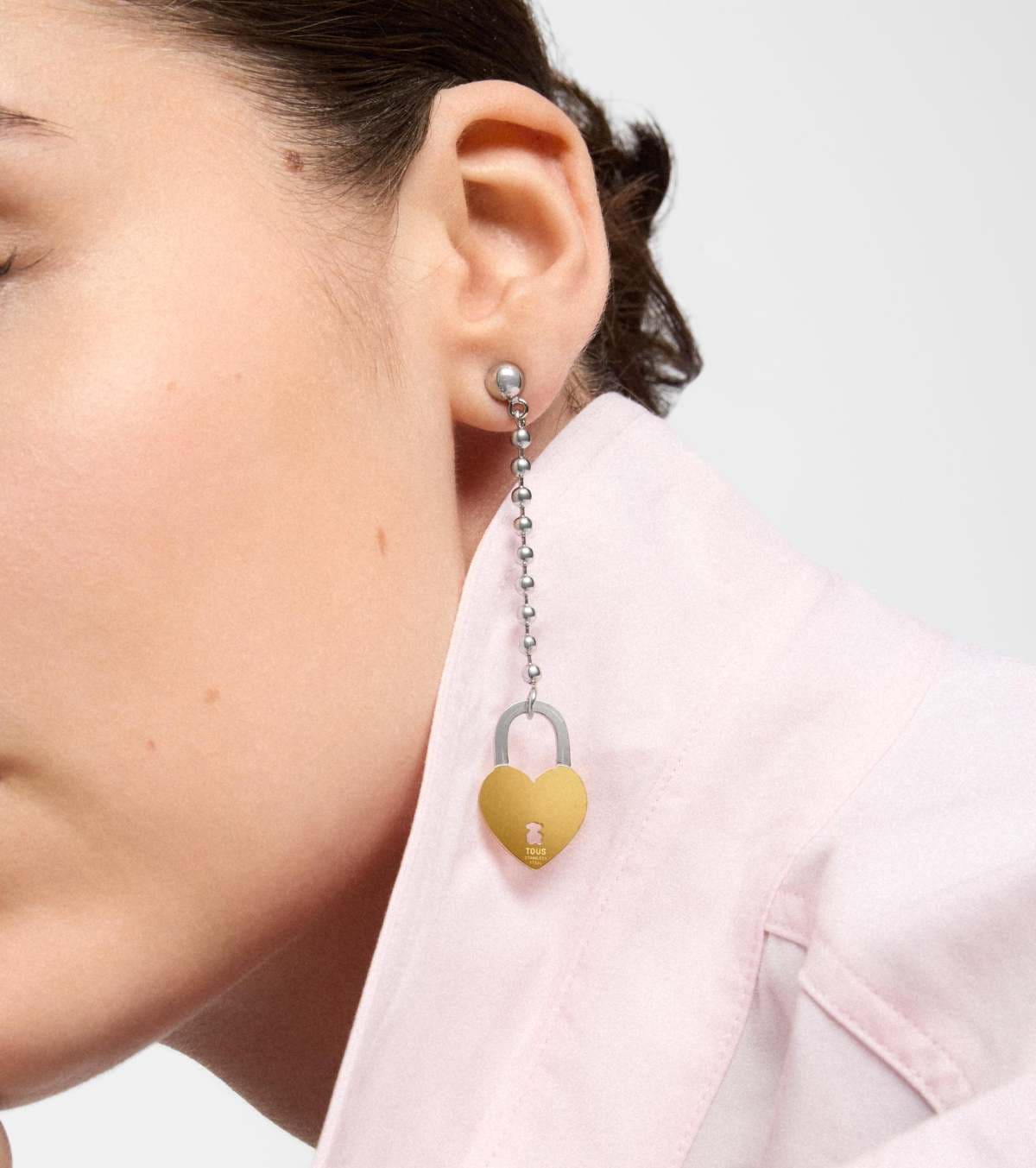Pendientes largos de acero bicolor motivo corazón TOUS Charming