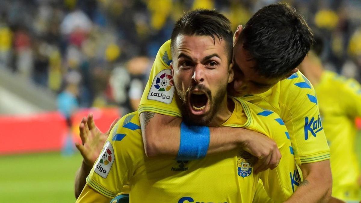 Kirian Rodríguez celebra un gol con la camiseta de a UD Las Palmas