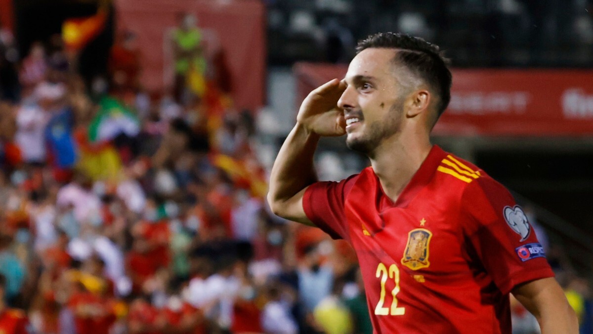 Pablo Sarabia celebra un gol anotado con la camiseta de España