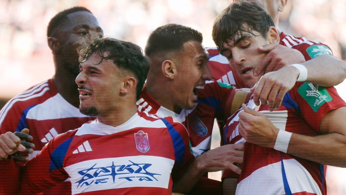 Sergio Rodelas celebra, junto a los jugadores del Granada CF, un gol de Gonzalo Villar | GCF
